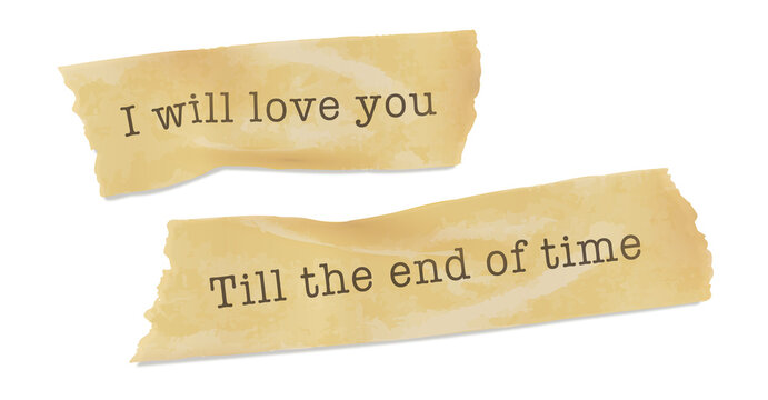 Fototapeta Displaying torn aged paper strips bearing romantic message in flat design on transparent background