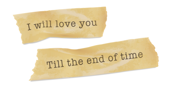 Displaying torn aged paper strips bearing romantic message in flat design on transparent background