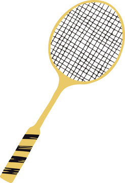 Fototapeta Stylized yellow tennis racket is showing black strings and striped grip on transparent background