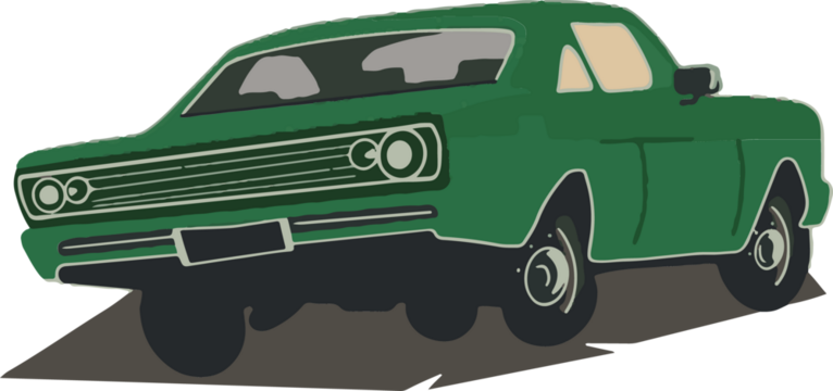 Green sedan flat vector showing slatted grille, headlamps, copy space, transparent background