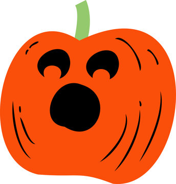 Cartoon jack-o'-lantern with green stem is floating on transparent backdrop, scared face