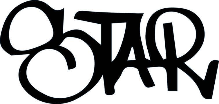 Word STAR is appearing in bold black street art style with fluid strokes on transparent background