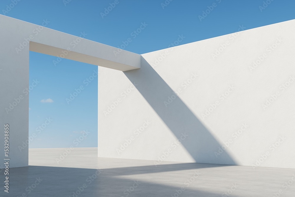 Poster minimalist white architectural structure casting a shadow on the concrete floor under a clear blue s