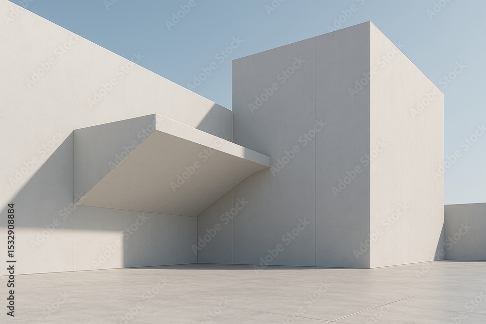 Poster modern minimalist white building exterior with geometric shapes and shadows cast on a concrete floor
