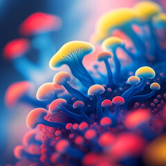 Scarlet Sapphire Collective: An arresting display featuring bright citrus-toned crowns and deep cool stems, rendered with intricate detail for a surreal natural spectacle.