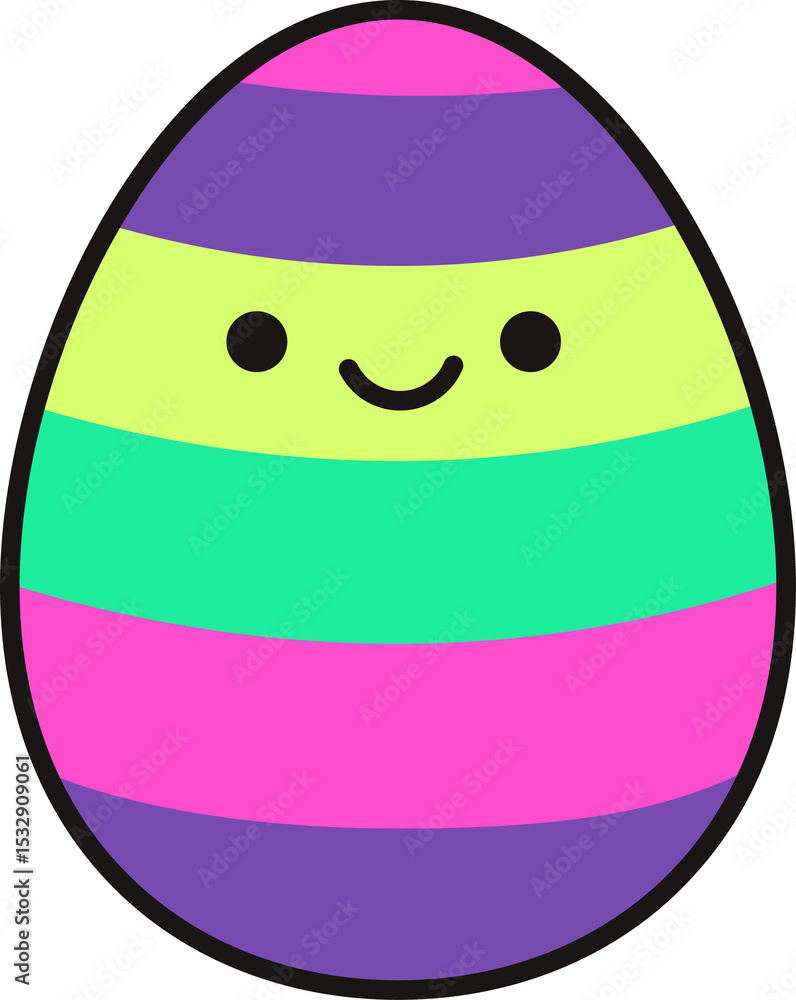 Poster striped smiling egg is floating on transparent background in flat design, showing colorful stripes