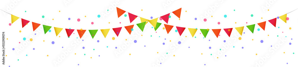 Poster triangular bunting is hanging in flat design with colorful confetti dots on transparent background