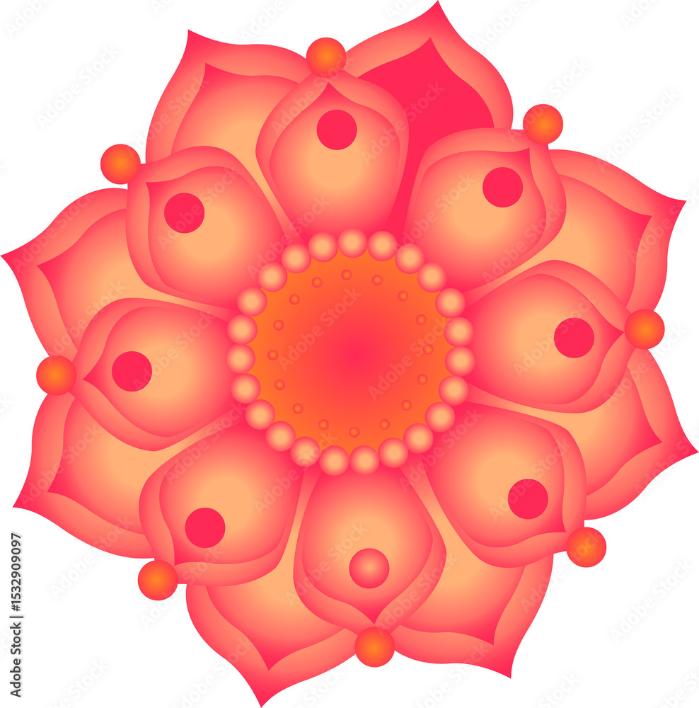 Poster vector motif is floating on clear background showing glowing core, bead rings and gradient petals