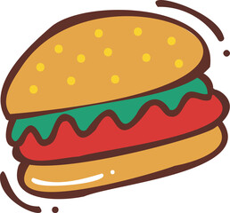 Flat cartoon hamburger is floating on transparent background showing sesame seed bun and layers