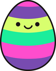 Striped smiling egg is floating on transparent background in flat design, showing colorful stripes