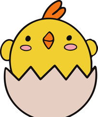 Yellow chick is hatching from cracked pink eggshell in vector design with transparent background