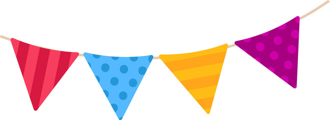 Striped and dotted pennant flags are hanging on rope in flat design over transparent background