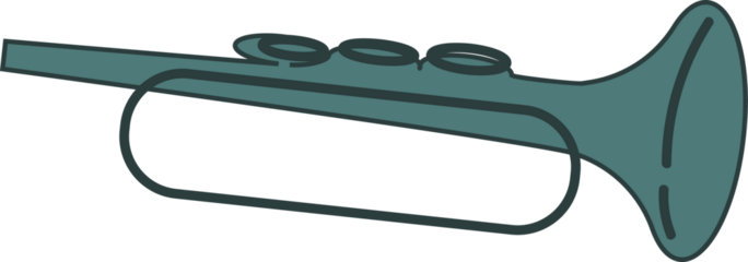Flat design is showing stylized trumpet floating on clear background with three valves mouthpiece