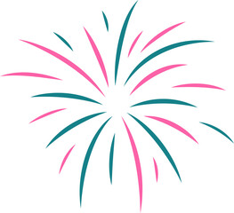 Flat vector firework burst is radiating pink and teal curved streaks on transparent background