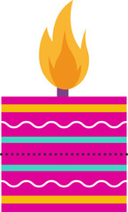 Flat birthday cake is sitting on transparent backdrop while showing colorful layers and lit candle