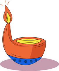 Flat design oil lamp is showing glowing yellow flame on blue base, transparent background