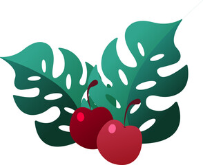 Flat design showing red cherries nesting against green monstera leaves on transparent background © vectorfusionart