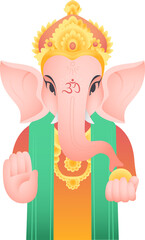 Ganesha is being shown in flat design against transparent backdrop, wearing crown and holding modak