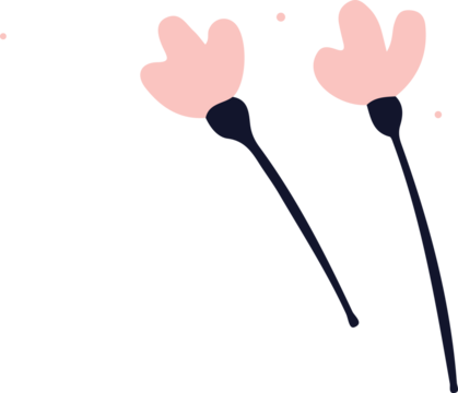 Stylized blossoms are blooming in minimal flat art with sparkles and dots on transparent backdrop