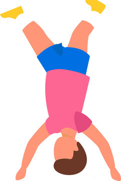 Fototapeta Figure is doing handstand wearing pink shirt and blue shorts in flat design, transparent background