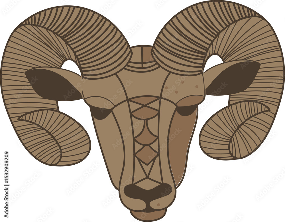 Poster flat vector ram head is showing curved ribbed horns with geometric lines on transparent background