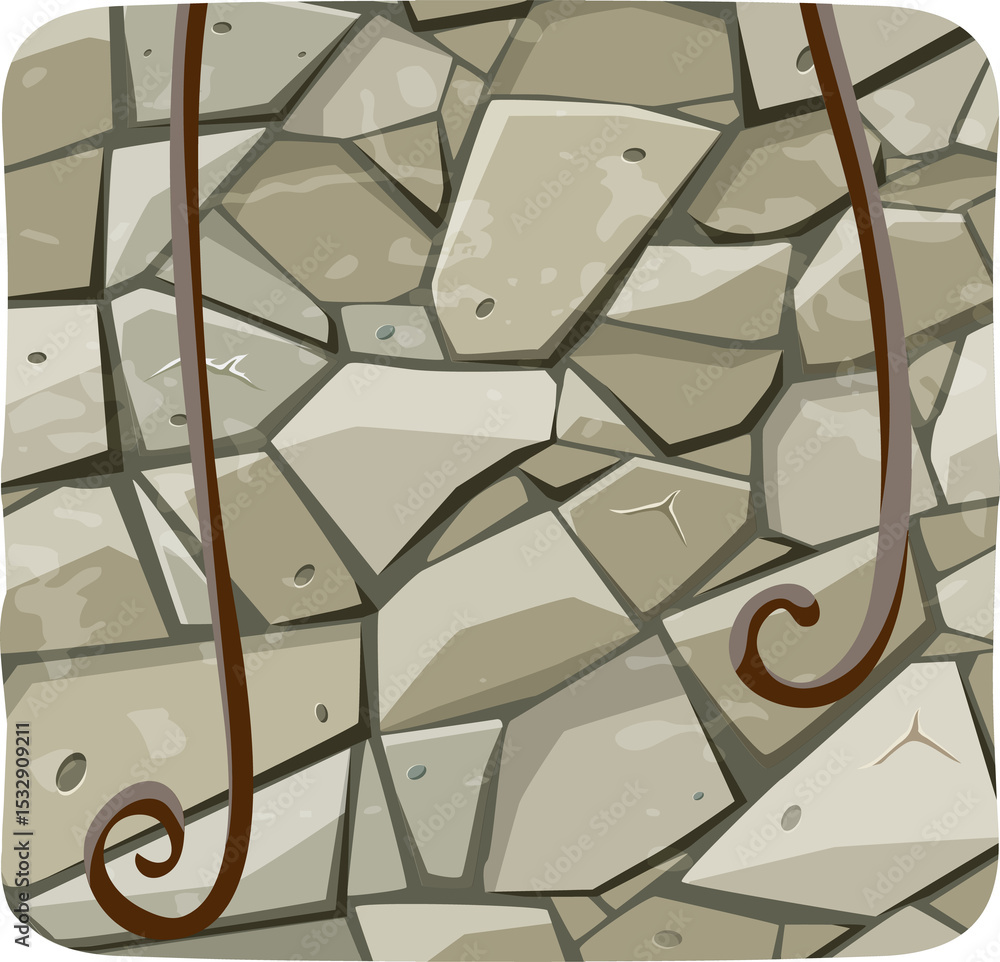 Poster showing abstract polygonal stone mosaic with curling brown vine elements on transparent background