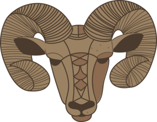 Flat vector ram head is showing curved ribbed horns with geometric lines on transparent background