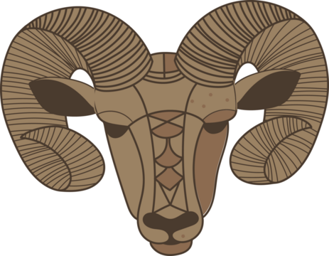 Flat vector ram head is showing curved ribbed horns with geometric lines on transparent background