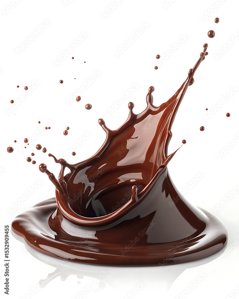 Poster close up shot of a chocolate splash with droplets on a white background in a studio setting