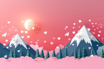 Surreal Love Landscape: Heart-Filled Skies Over Snowy Mountains and Paper Planes at Sunset