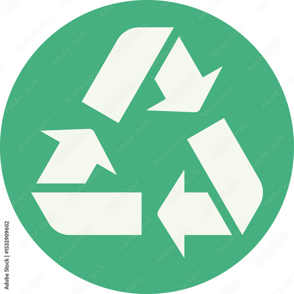 Poster recycling icon is showing in flat design on green circle with white arrows, transparent background