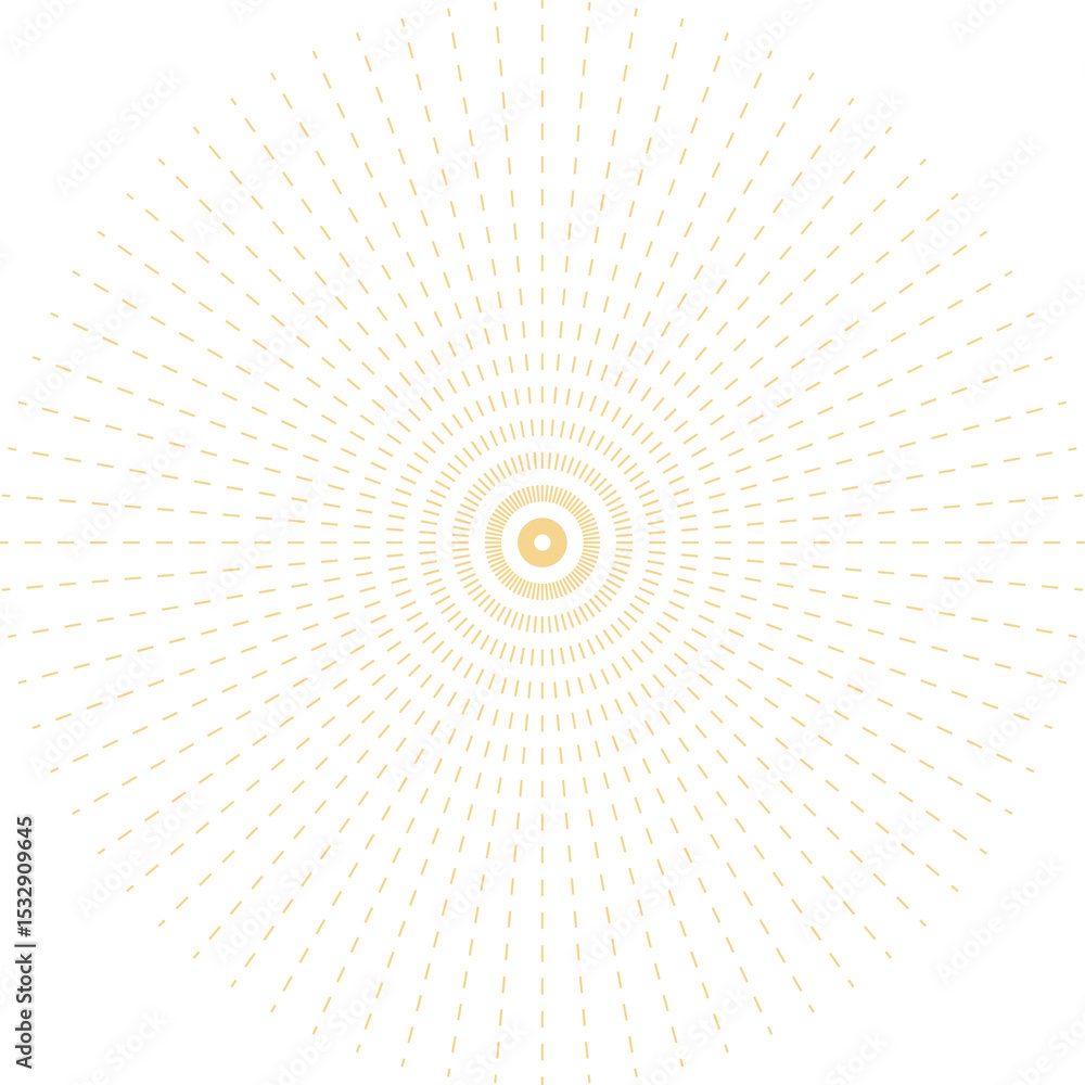 Poster abstract radial pattern is radiating in flat style with golden dashed rings on transparent backdrop