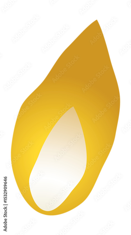Poster stylized flame vector art is floating on transparent background, showing white core and yellow glow