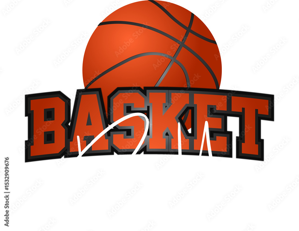 Poster logo is featuring 3d basketball and bold basket text with flowing ball cursive on clear background