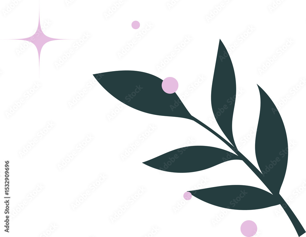 Poster flat vector branch is floating on transparent backdrop with teal leaves, pink dots and sparkle
