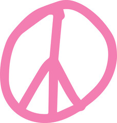 Pink peace symbol is hovering on transparent background, in flat hand-drawn style
