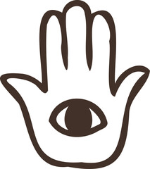 Hand emblem is showing dark brown line art with stylized eye on palm, on transparent background
