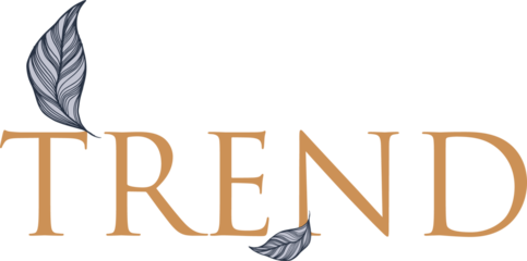 TREND logo is appearing on transparent canvas with gold serif letters and gray feathers, copy space