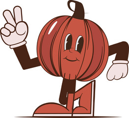 Pumpkin cartoon is holding peace sign in flat style on transparent background with gloves red shoes