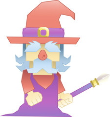 Flat vector mage holding purple pen nib staff, red hat and purple tabard, transparent background