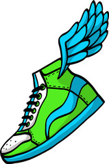 Cartoon-like winged sneaker floating on transparent background, showing green and blue design