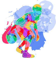 Colorful figure with blue shape is dribbling basketball in flat design on transparent background © vectorfusionart