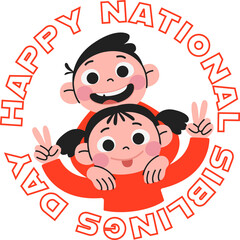 Cartoon siblings hugging showing peace signs with red text HAPPY NATIONAL SIBLINGS DAY transparent