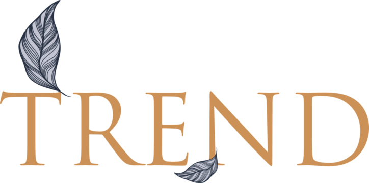 TREND logo is appearing on transparent canvas with gold serif letters and gray feathers, copy space