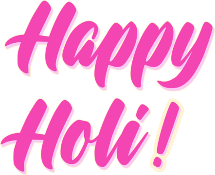 Stylized hand-lettered pink Happy Holi text appearing on transparent backdrop, digital graphic