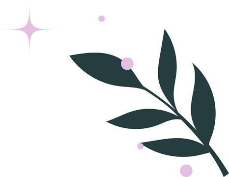 Fototapeta Flat vector branch is floating on transparent backdrop with teal leaves, pink dots and sparkle
