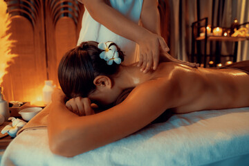 Caucasian woman customer enjoying relaxing anti-stress spa massage and pampering with beauty skin...
