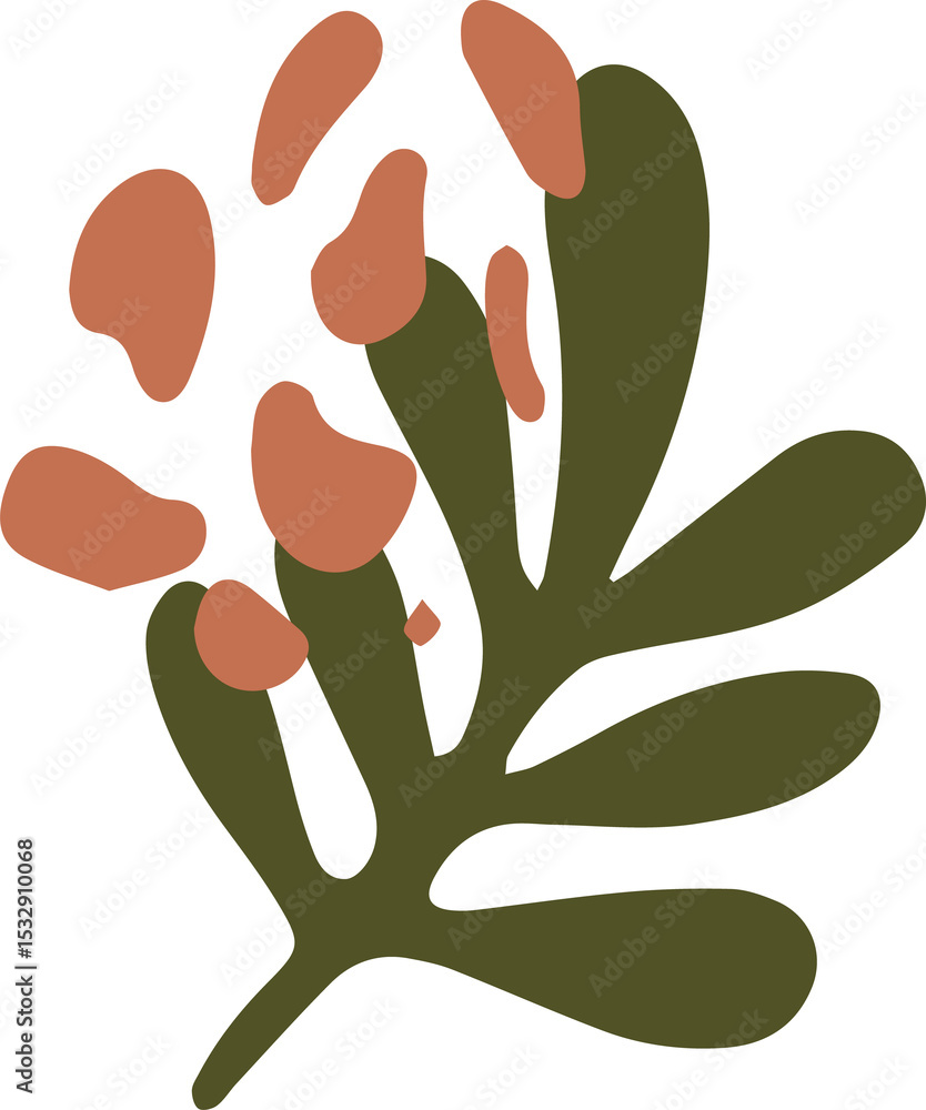 Poster rendering flat abstract plant olive-green branches featuring terracotta blobs on transparent canvas