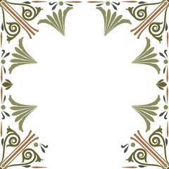 Square frame is featuring floral fan scroll motifs, flat design, transparent background, copy space
