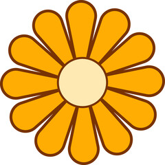 Stylized daisy flower is radiating orange petals in flat vector design on transparent background